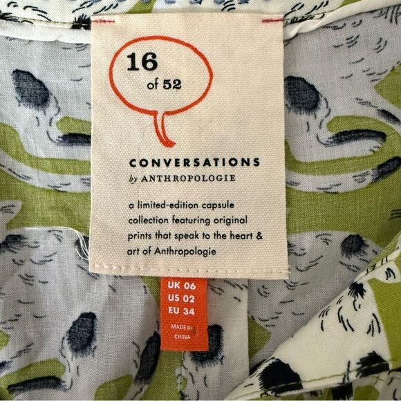Conversations By Anthropologie 16 of 52 Blouse Sz 2 Green Cats Print Button Up - Picture 9 of 12